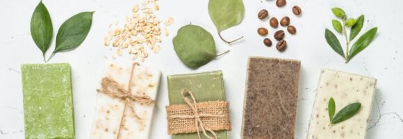 Natural soap bars on white top view